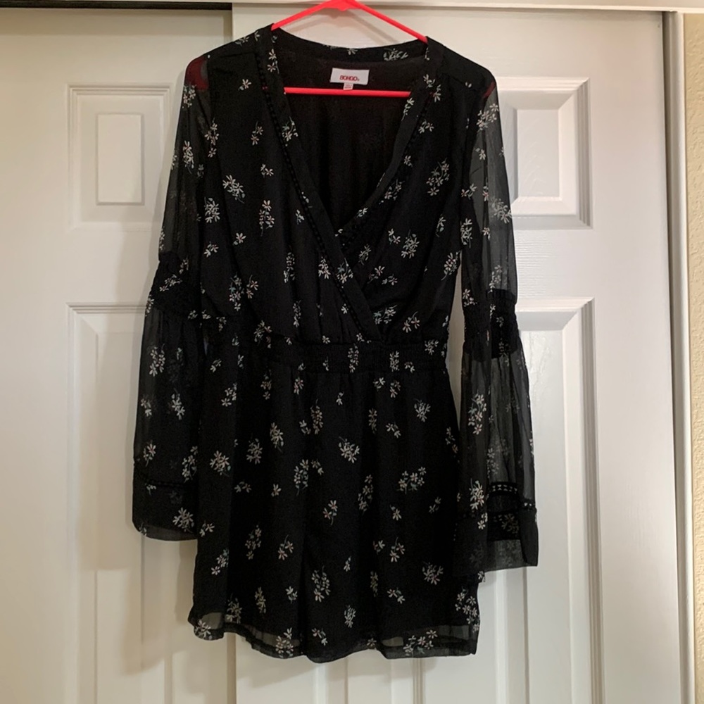 Black floral print romper